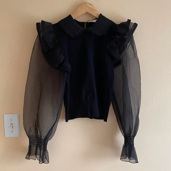 Zara Contrast Organza Sweater Small Puff Sheer Sleeves Collar Witchy Goblin Goth - Picture 2 of 16